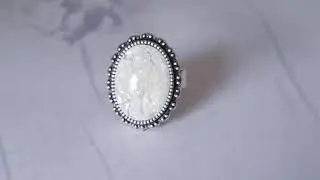 White Opal Ring, Vintage Glass Cabochon, Adjustable, Statement Ring