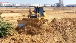 Best action Shantui DH17U bulldozer pushing dirt at work and trucks unloading dirt safely