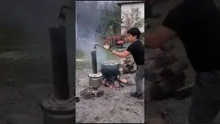 Village life.#Ramal prepares samovar in the village.#