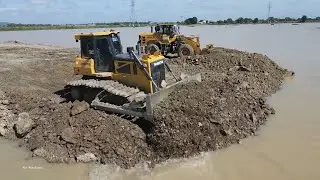 Cool and Amazing Construction mighty Machines Bulldozer, loader and truck moving rock &soil to water