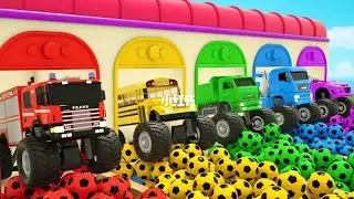 Colorful Monster Trucks Playing in a Giant Ball Pool!