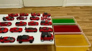 Toy Cars Play In Water For Kids - Red Vehicles Moving And Falling Into Yellow,Red and Green Water