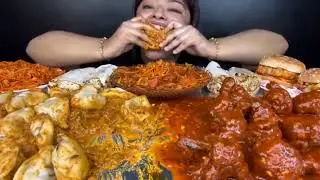 Eating butter chicken momos, Franky, spicy Schezwan Noodles,  Burger, Street food Challenge 
