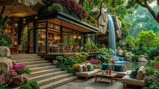 Gentle Outdoor Coffee Shop Jazz with Forest Waterfall View 🍃 Smooth Jazz & Nature Ambience for Relax