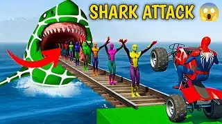 SPIDERMAN vs GIANT SHARK Attack! 🦈😱 GTA 5 Impossible Bike Race