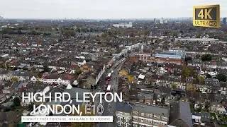 High Road, Leyton E10 from Coronation Gardens to Town Hall - Stunning 4K Royalty-Free Drone Footage