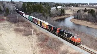 Awesome Aerial 4K View! Freight Train CN 594 West w/Intermodal Approaching River Glade, NB