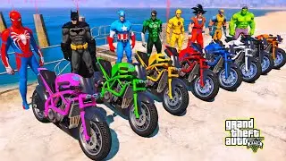 SPIDERMAN RACING MOTORCYCLES PARKOUR CHALLNEGE on CITY BEACH RAMP,SUPERHEROES MOTOS JUMP RACE- GAT 5
