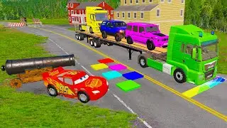 Flatbed Truck McQueen | Transportation with Truck Pothole vs car| BeamNG.Drive Gameplay |#010