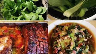 Cooking Roasted Pork, buttered broccoli, stir fry Pakchoi with bacon and lettuce salad.