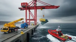 LEGO Port Storm Rescue!  Container Crane Almost Falls in the Sea, Tug & Rescue Boats Save the Harbor