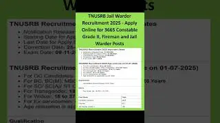TNUSRB Jail Warder Recruitment 2025Apply Online3665 Constable Grade II Fireman and Jail WarderPosts