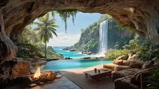 Tropical Paradise Cave 🌿 Nature Sounds, Waterfall, Crackling Fire & Birdsong for Deep Relaxation