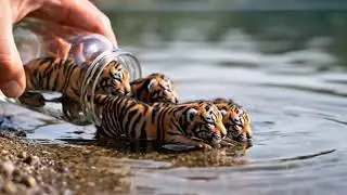 Tiny Baby lions tigers Entering Crystal Clear Water &bull; Ultra Satisfying ASMR &bull; 4K