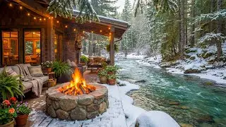 Peaceful Winter Forest Riverside Cabin Porch 🌲🔥 Fire Pit Ambience, Calm Water & Nature Sounds