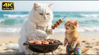 Cute Overload: Mom Cat & Kitten's First Beach BBQ Party! 🍢🌊