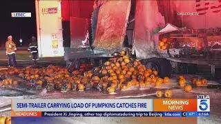 Semi-truck filled with pumpkins bursts into flames on 5 Freeway&nbsp;