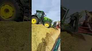 John Deere tractors with buck rakes working on the silage clamp