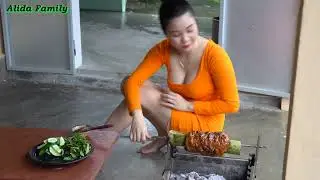 Alida made the minced pork grilled with bamboo tubes   a strange but delicious dish that should try