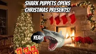 Shark puppet opens Christmas presents