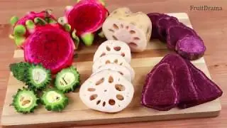 Slicing Random Exotic Fruits & Vegetables - Dragon Fruit, Bitter Melon, Lotus Root & Purple Yam