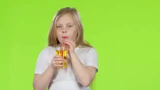 Little Girl Drinks Apple Juice Through a Straw Green Screen Video Effect | No Copyright Stock Video
