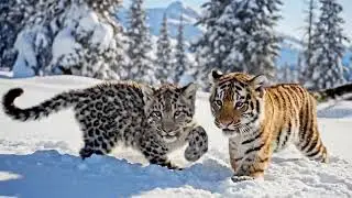 Baby leopard and baby tiger playing in snow