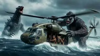 Lions ride helicopters as King Kong clashes violently with Godzilla in an epic aerial battle.