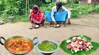 desi GOAT MEAT CURRY and pui shak masoor dal recipe cooking and eating| how to cook goat meat recipe