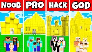 Minecraft: FAMILY GOLD HOUSE BUILD CHALLENGE - NOOB vs PRO vs HACKER vs GOD in Minecraft