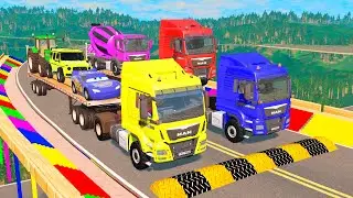 Flatbed Trailer McQueen Transportation with Truck - Speedbumps vs Cars vs Train - BeamNG.Drive #26