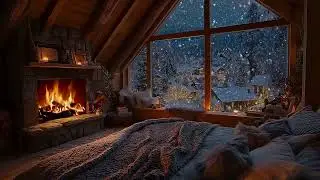 Cozy Snowy Cabin Night | Fireplace Glow & Soft Snowfall Ambience
