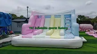 Commercial Pastel White Inflatable Water Slide Colorful Multiple Triple Jumping Slide Pool for Party