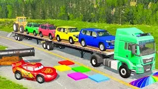 TRANSPORTING PIXAR CARS & FRUITS WITH COLORED & JOHN DEERE vs CLAAS vs TRACTORS - BeamNG.drive #983