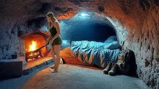 Building a Warm and Cozy Stone Shelter Under a Giant Rock for Survival. Bushcraft