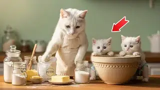 Mama Cat Bakes Fish-Shaped Cookies for Her Naughty Kittens in the Farm Kitchen