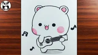 Cute bear playing guitar drawing and colouring | cute cartoon drawing | kids arts