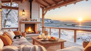 Winter Beach Ambience with Blizzard ❄️ Calm Piano Music, Ocean Waves & Fireplace Sounds for Relax
