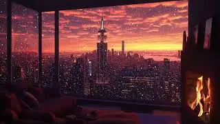 NYC Winter Sunset ASMR ❄️ Snowfall & Crackling Fireplace Sounds for Deep Sleep No Music