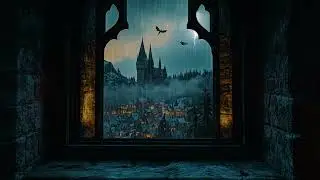 Soft Midnight Rain at Hogwarts Castle Window, Calm Magical Ambience for Deep Sleep & Relaxation