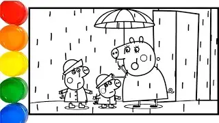 How to draw Peppa pig with umbrella, peppa pig with friends drawing with rain , phonics song