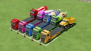 Разноцветная тяжелая техника: красочный экскаватор Komatsu PC 210 и бетоносмеситель Scania перево...