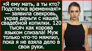 Я ему мать, а ты кто Подстилка временная! Заявила свекровь, украв деньги с нашей свадебной копилки