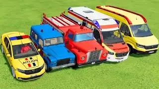 TRANSPORTING POLICE CARS, AMBULANCE, FIRE TRUCK, COLORFUL CARS WITH TRAIN -FARMING SIMULATOR 22!