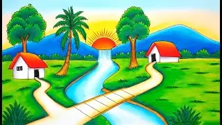 How to Draw Beautiful Village Scenery with House, River Trees & Mountains Waterfall Drawing Tutorial