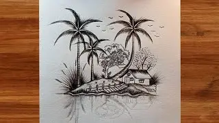 How to draw beautiful riverview water land scenery by pencil sketch