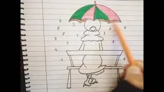How to draw a girl with umbrella sitting on a bench // Easy alone girl drawing step by step// 