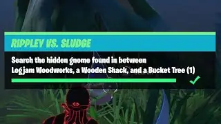 Search the Hidden Gnome Found in between Logjam Woodworks, a Wooden Shack, and a Bucket Tree (1)