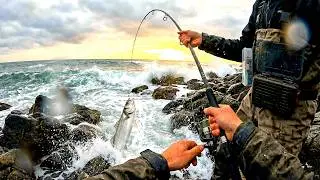 POV Shore Fishing 🌊 | Surfcasting from Rocky Coast (No Talking, Big Catch)