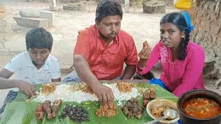 Real Mukbangs - mutton-chicken curry, chicken leg piece, mutton liver&blood fry with white rice
